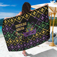 Black Mardi Gras geometric sarong with gold, purple, and green fleur-de-lis and mask