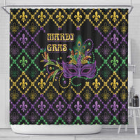 Mardi Gras shower curtain with grommets: black fleur-de-lis diamond pattern in gold, purple, green