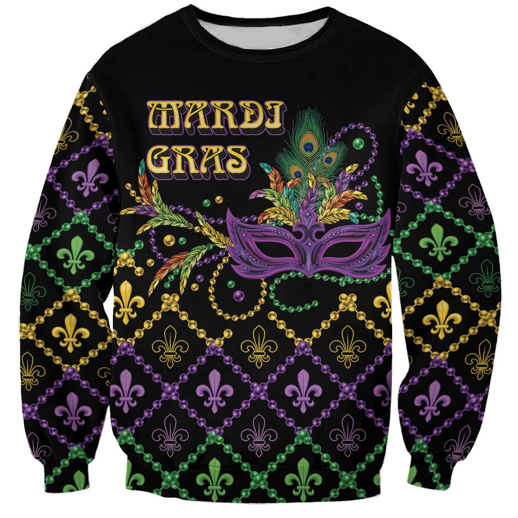 Black unisex crewneck sweatshirt with colorful Mardi Gras mask and fleur-de-lis pattern