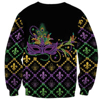 Black unisex crewneck sweatshirt with central purple Mardi Gras mask and fleur-de-lis grid