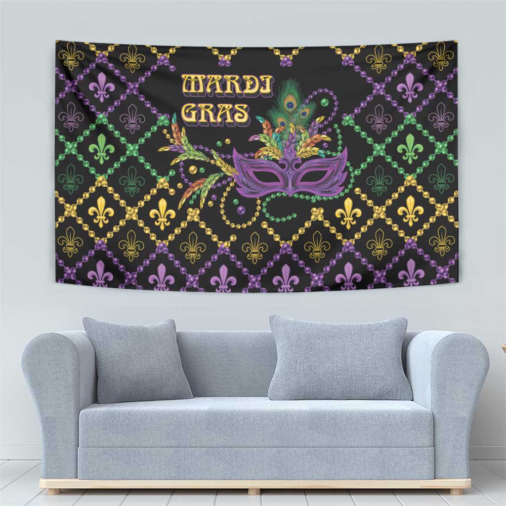 Black Mardi Gras geometric tapestry with purple mask and gold, green, violet fleur-de-lis
