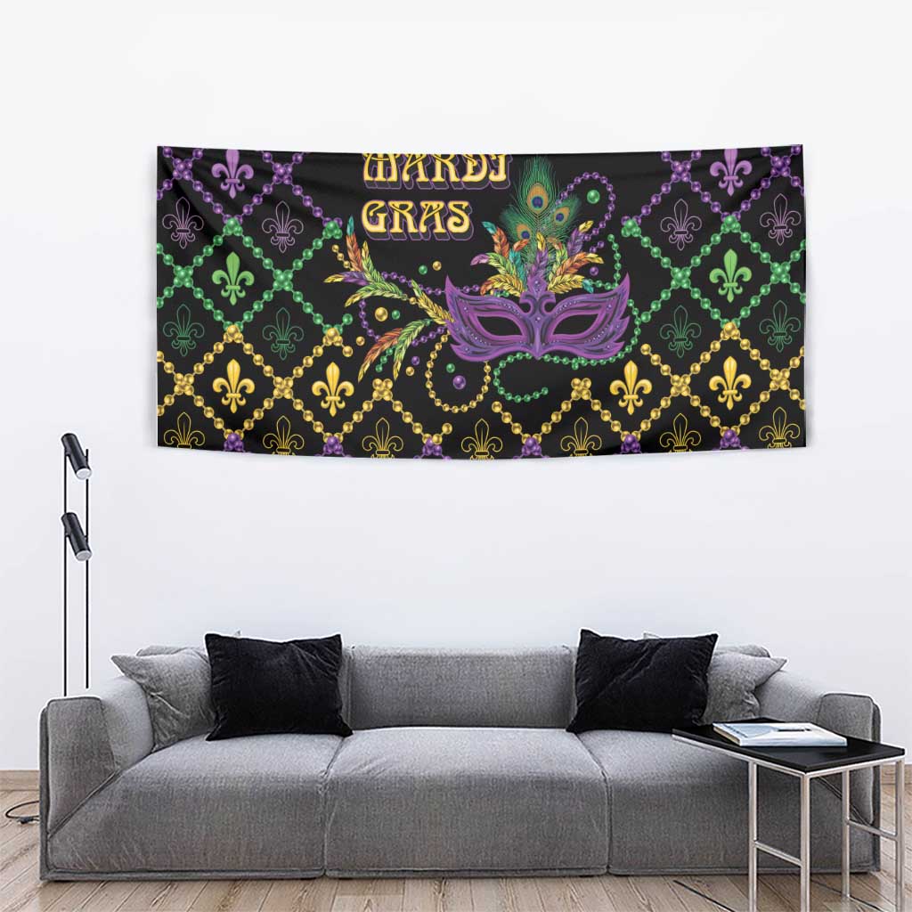 Black Mardi Gras tapestry above sofa with purple mask and gold fleur-de-lis pattern