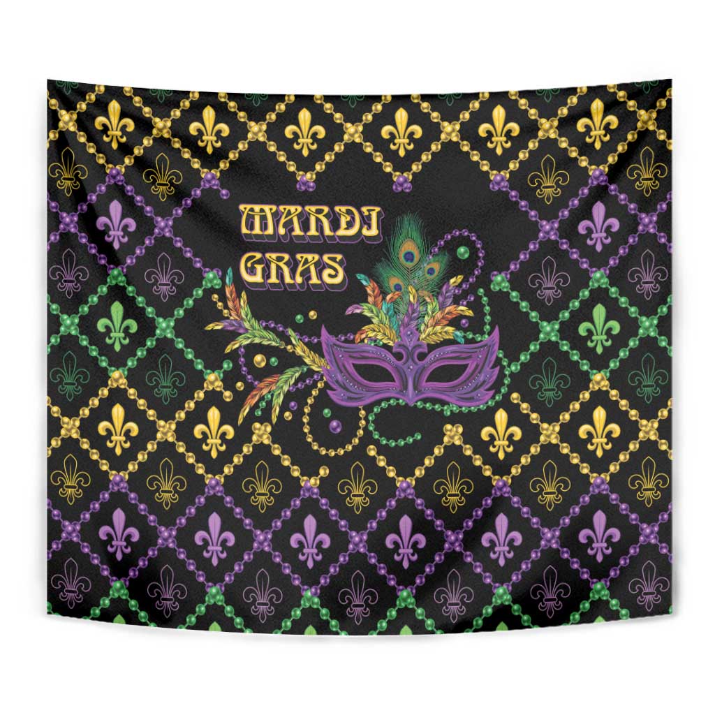 Black geometric Mardi Gras tapestry with purple mask, gold fleur-de-lis, and green diamonds