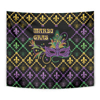 Black geometric Mardi Gras tapestry with purple mask, gold fleur-de-lis, and green diamonds