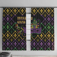 Black Mardi Gras window curtains with fleur-de-lis geometric pattern and purple mask motif
