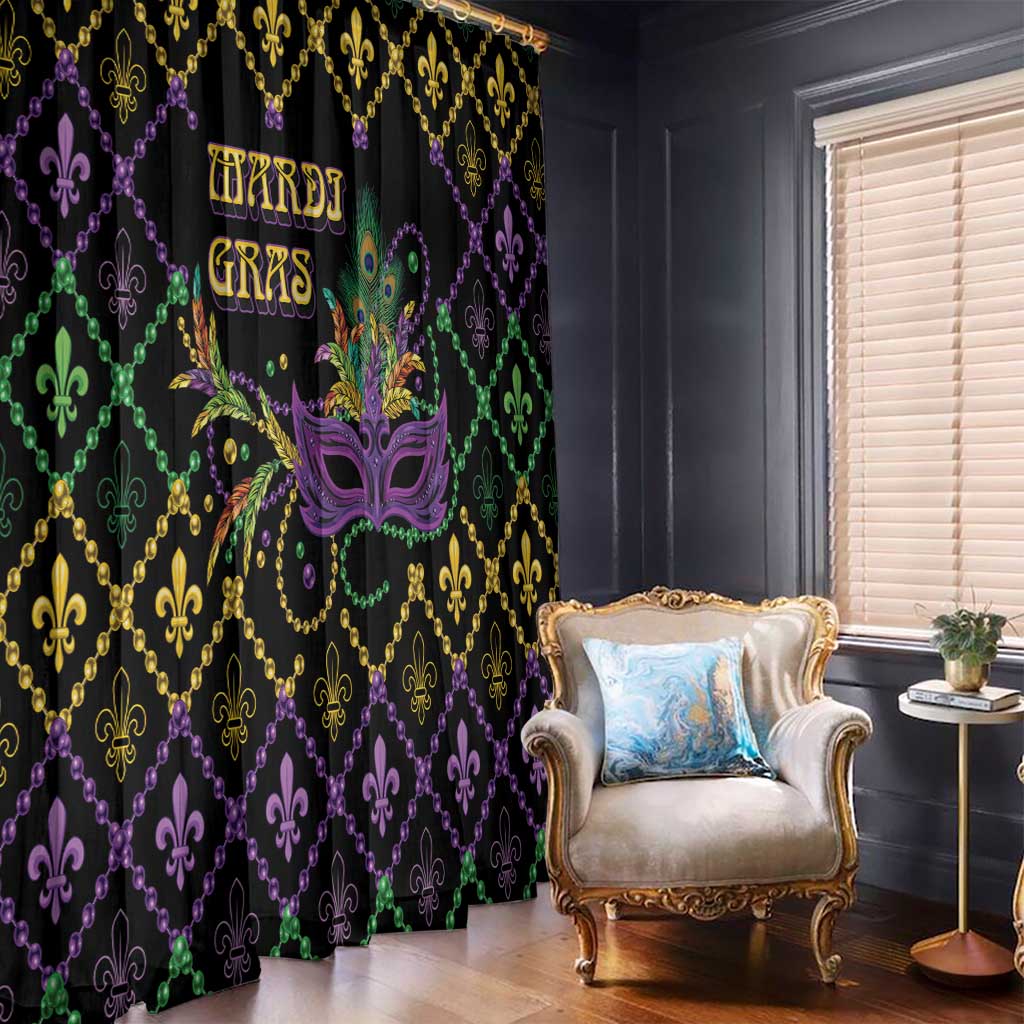 Black Mardi Gras window curtains with bead-like chains, fleur-de-lis, and peacock mask print