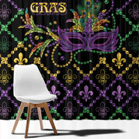 Black Mardi Gras curtain panel with fleur-de-lis pattern, bead strings, and purple mask