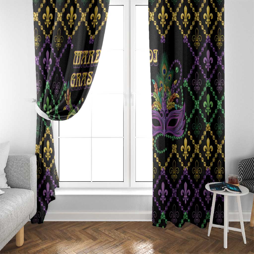Black Mardi Gras curtain panels with gold and purple fleur-de-lis border and mask center