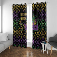 Black Mardi Gras curtain panels with bead strings, fleur-de-lis pattern, and purple mask