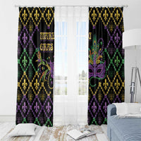 Black Mardi Gras window curtains with fleur-de-lis geometric design and purple mask print