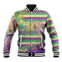 Purple, gold, green fleur-de-lis baseball jacket with glitter stripes, bead accents, rib trim