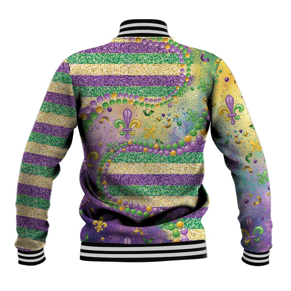Back view: purple, gold, green baseball jacket with glitter stripes, fleur-de-lis icons, bead trim