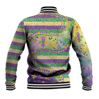 Back view: purple, gold, green baseball jacket with glitter stripes, fleur-de-lis icons, bead trim
