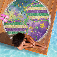 Round purple beach blanket with glitter fleur-de-lis, colorful bead accents and white fringe