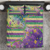Purple fleur-de-lis bedding set with glitter bead accents and striped pattern, two pillow covers