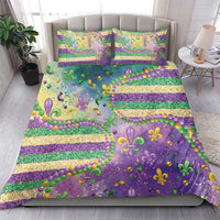 Purple Mardi Gras-style bedding set with fleur-de-lis glitter bead details and striped design, 2 pillows