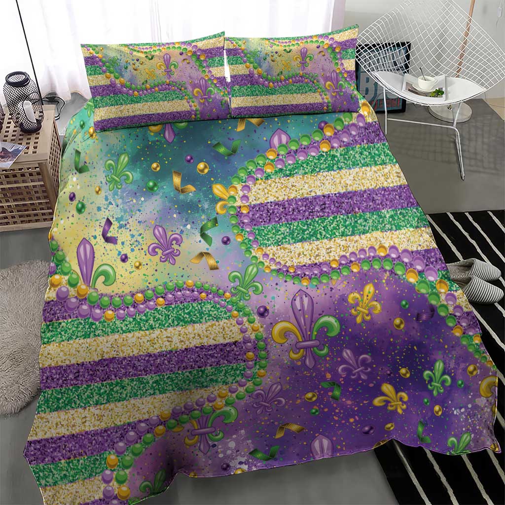 Purple bedding set featuring fleur-de-lis symbols, glitter bead accents, and colorful horizontal stripes, 2 pillows