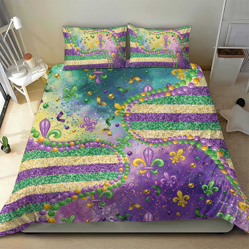 Purple bed set with fleur-de-lis glitter bead pattern, confetti shapes, and striped design, 2 pillow covers