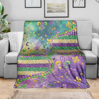 Purple and teal fleur-de-lis Mardi Gras blanket with glitter bead bands and gold accents