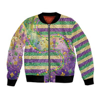 Unisex bomber jacket with purple, green & gold striped glitter bead Fleur de Lis