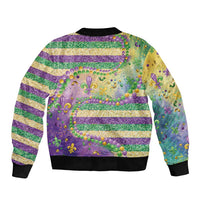 Unisex bomber jacket, back view with glitter bead Fleur de Lis on purple & gold stripes