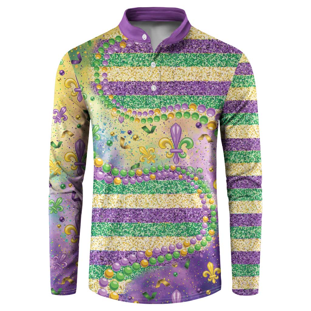 Purple and gold striped sweatshirt with fleur-de-lis, glitter, and bead embellishments