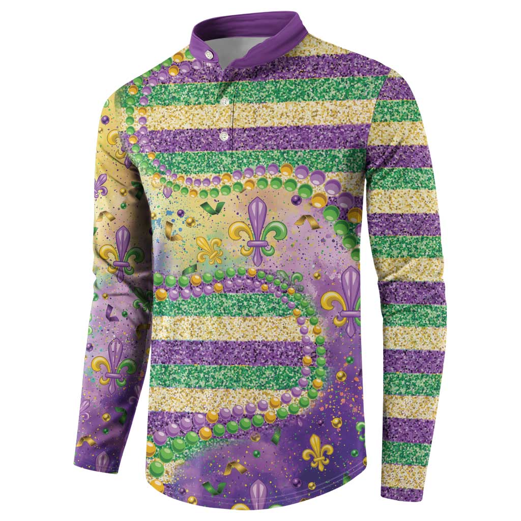 Purple and gold striped sweatshirt with fleur-de-lis glitter, bead accents, button placket