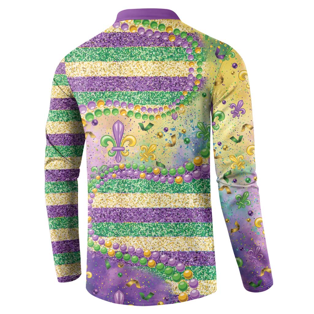 Purple and gold striped sweatshirt, back view with fleur-de-lis glitter and bead details