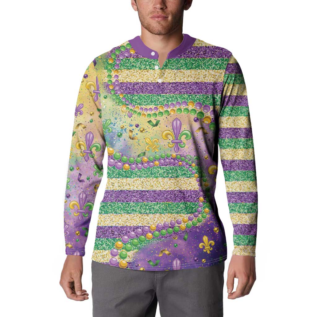 Purple and gold striped long-sleeve sweatshirt with fleur-de-lis glitter and bead embellishment