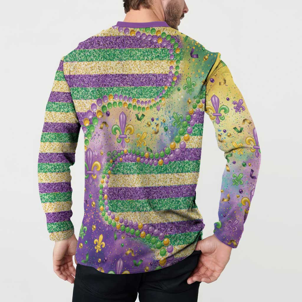 Purple and gold striped sweatshirt back with fleur-de-lis motifs, glitter, and bead trim