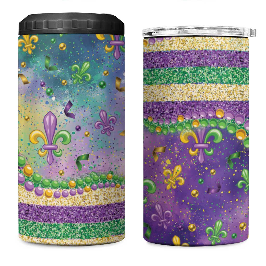 Mardi Gras Fleur De Lis 4 in 1 Can Cooler Tumbler With Beads Glitter Pattern