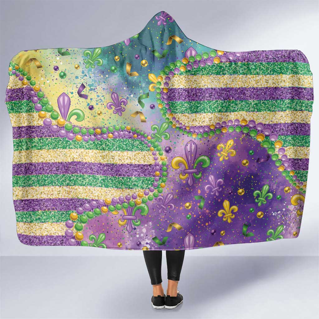 Mardi Gras Fleur De Lis Hooded Blanket With Beads Glitter Pattern