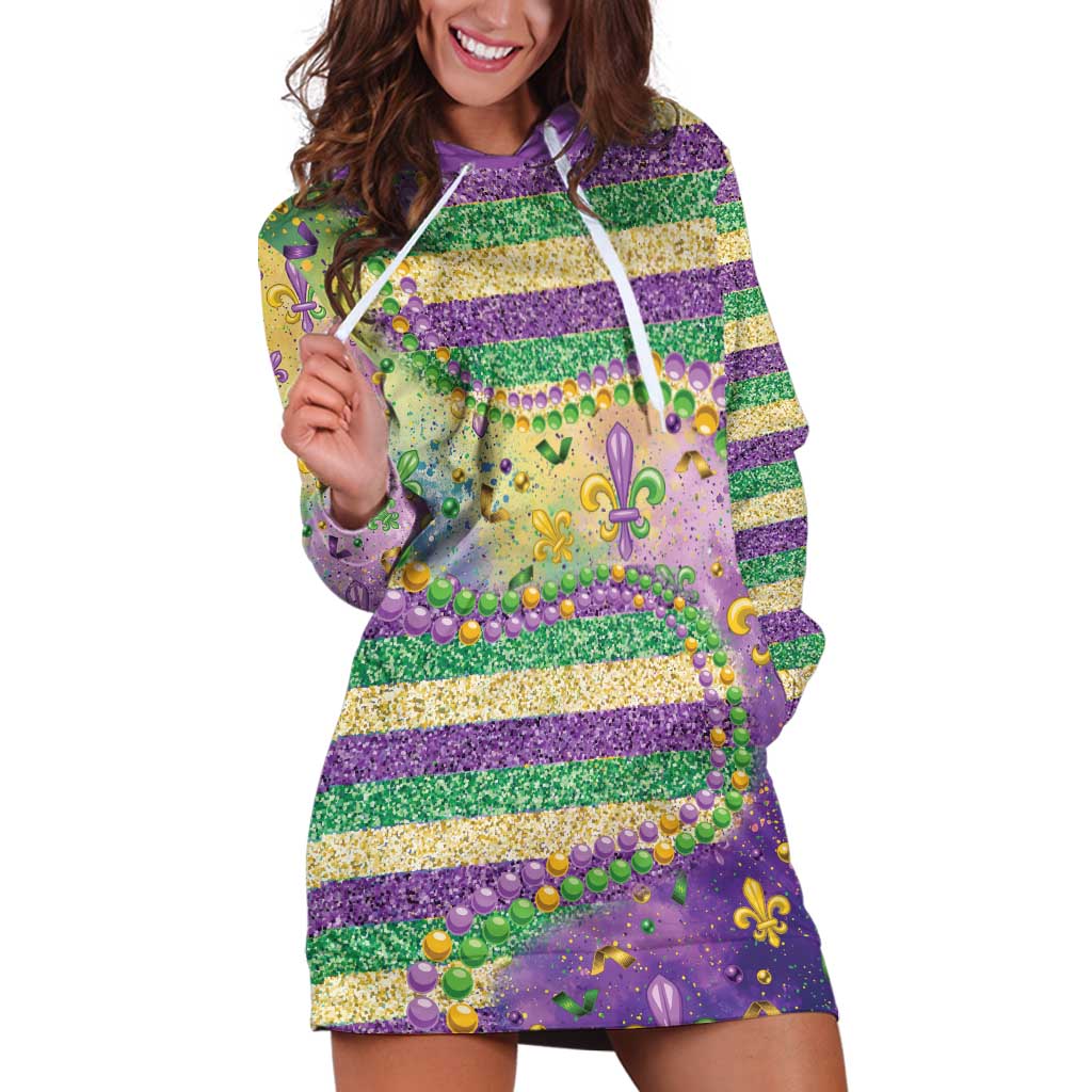 Mardi Gras Fleur De Lis Hoodie Dress With Beads Glitter Pattern - Wonder Print Shop