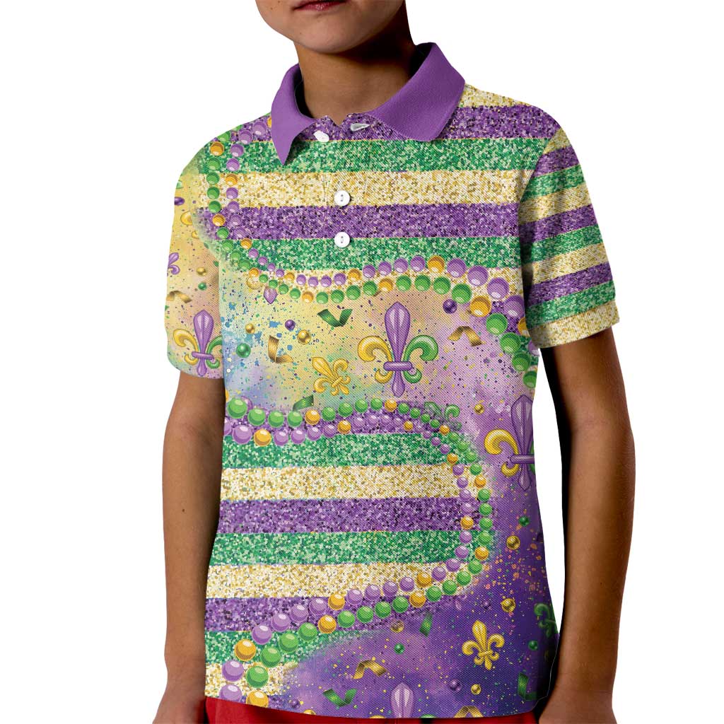 Mardi Gras Fleur De Lis Kid Polo Shirt With Beads Glitter Pattern - Wonder Print Shop