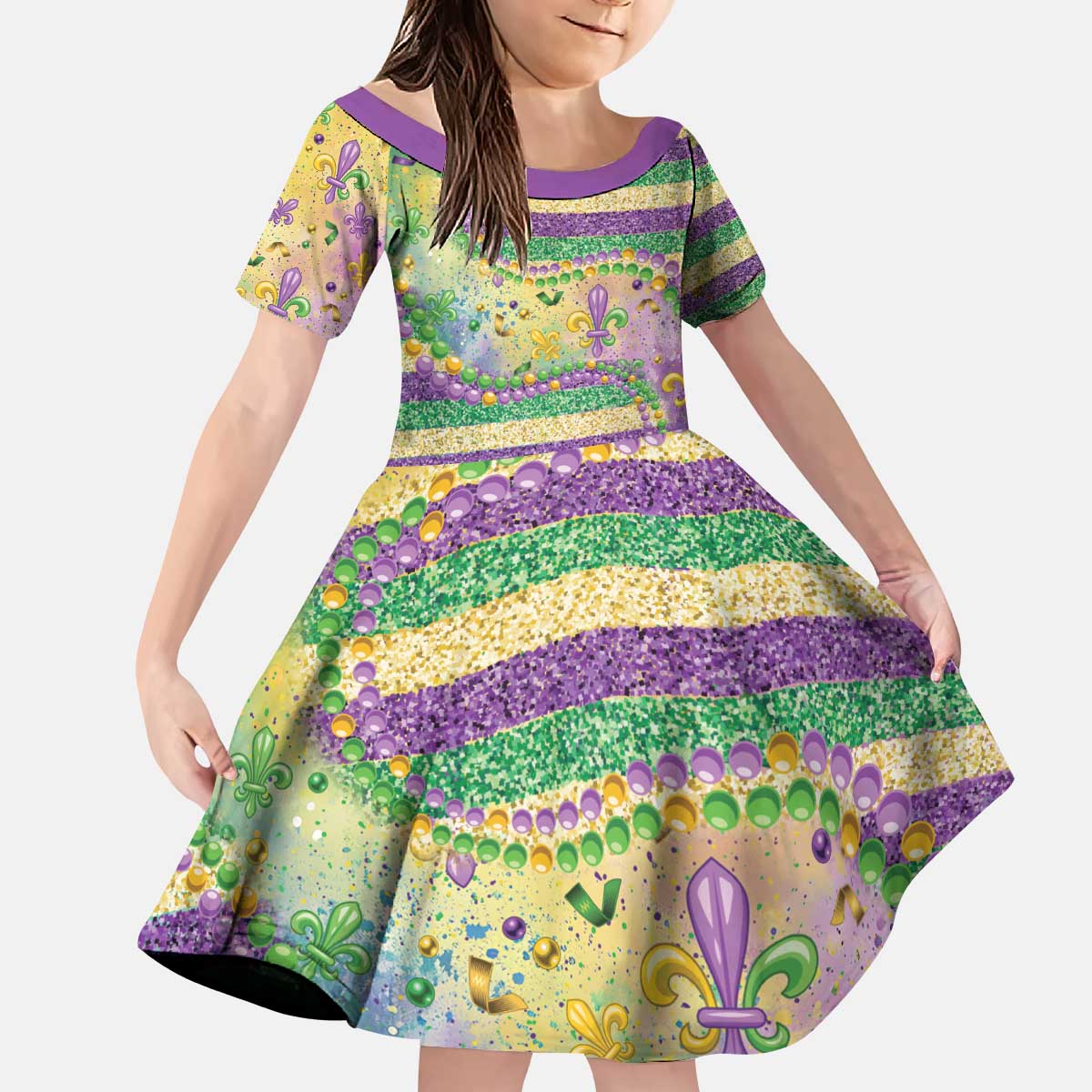 Mardi Gras Fleur De Lis Kid Short Sleeve Dress With Beads Glitter Pattern - Wonder Print Shop