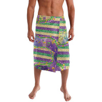 Mardi Gras fleur-de-lis lavalava skirt with beads and glitter, purple multicolor stripes