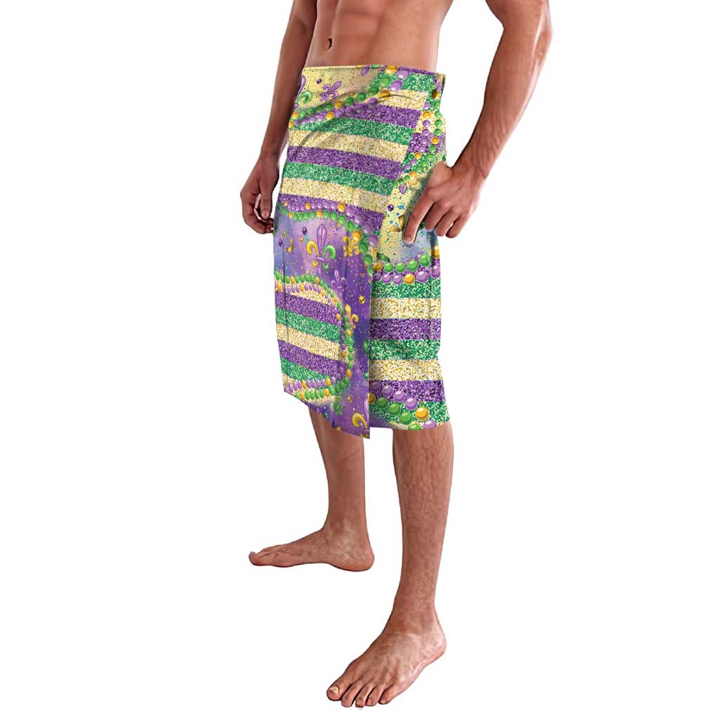 Mardi Gras fleur-de-lis lavalava skirt with beads and glitter, purple multicolor stripe print