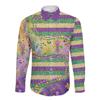 Purple long-sleeve button shirt with glitter bead fleur-de-lis stripe pattern