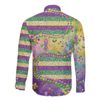 Back of purple long-sleeve button shirt with glitter bead fleur-de-lis stripe pattern