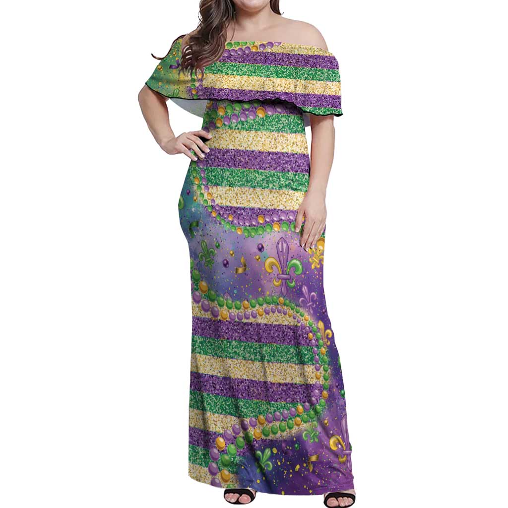 Mardi Gras Fleur De Lis Off Shoulder Maxi Dress With Beads Glitter Pattern - Wonder Print Shop