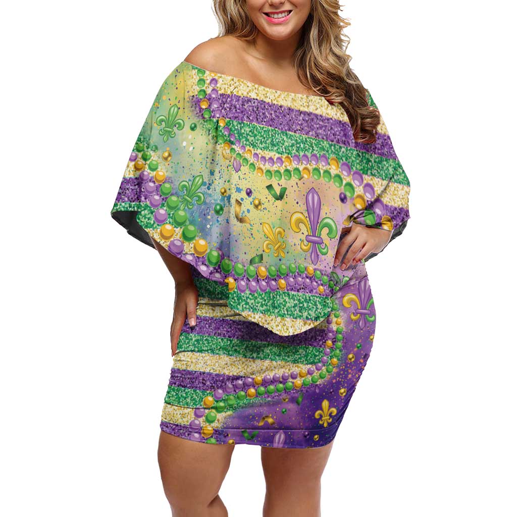 Mardi Gras Fleur De Lis Off Shoulder Short Dress With Beads Glitter Pattern - Wonder Print Shop