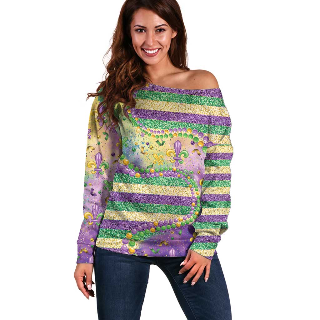 Mardi Gras Fleur De Lis Off Shoulder Sweater With Beads Glitter Pattern