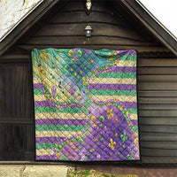 Fleur-de-lis quilt with purple, teal, and gold stripes and glitter bead embellishments