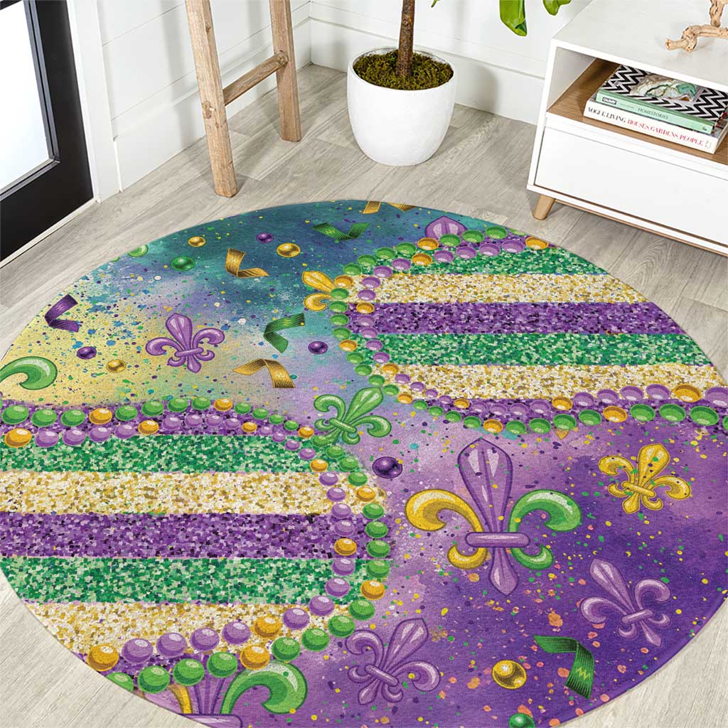 Mardi Gras Fleur De Lis Round Carpet With Beads Glitter Pattern - Wonder Print Shop