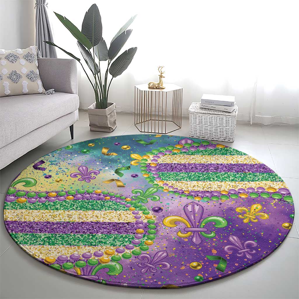 Round Mardi Gras carpet on floor, purple glitter with fleur-de-lis motifs, bead dots and stripes