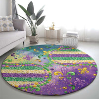 Round Mardi Gras carpet on floor, purple glitter with fleur-de-lis motifs, bead dots and stripes