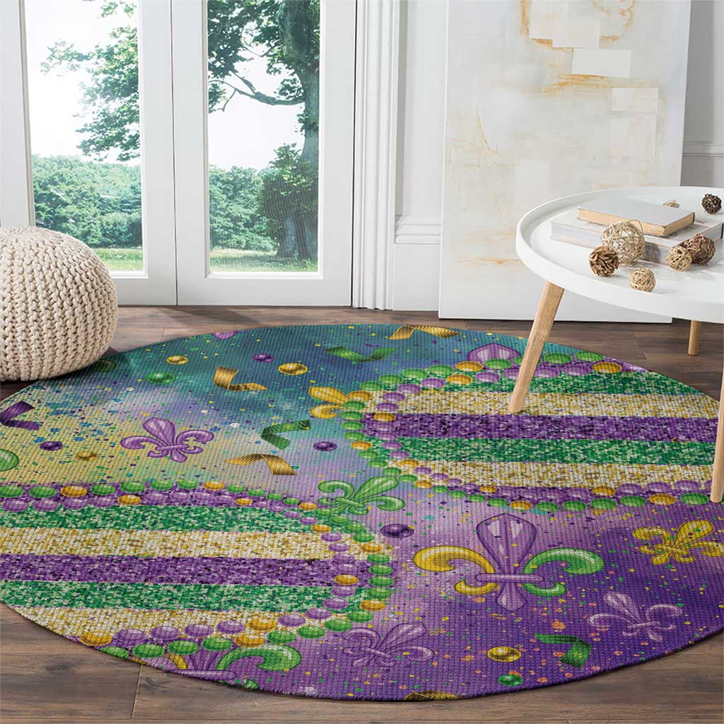 Round purple Mardi Gras carpet with glitter fleur-de-lis, bead trim and gold-green stripe bands