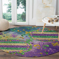 Round purple Mardi Gras carpet with glitter fleur-de-lis, bead trim and gold-green stripe bands