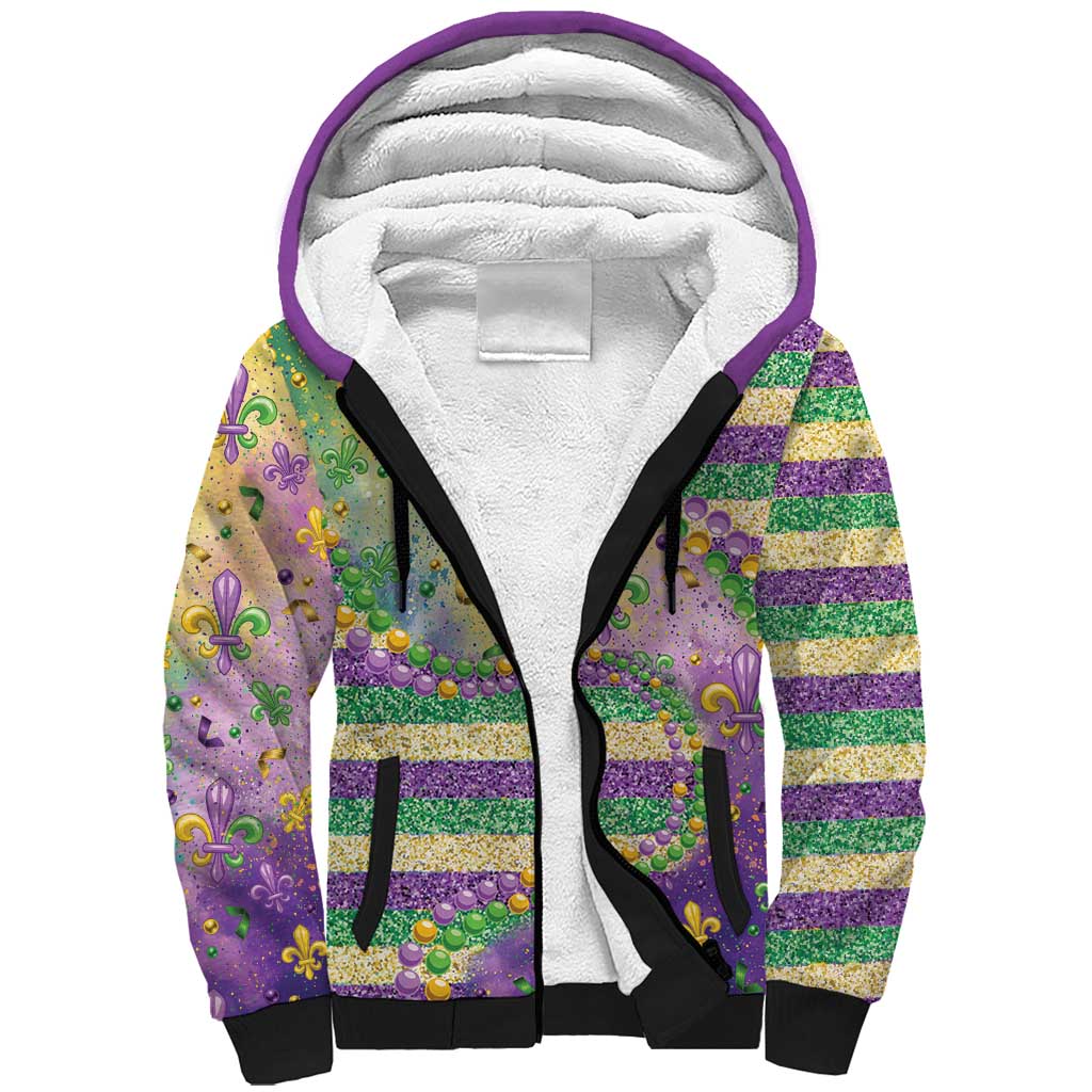 Mardi Gras Fleur De Lis Sherpa Hoodie With Beads Glitter Pattern - Wonder Print Shop