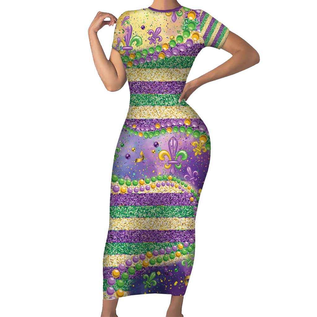 Mardi Gras Fleur De Lis Short Sleeve Bodycon Dress With Beads Glitter Pattern - Wonder Print Shop